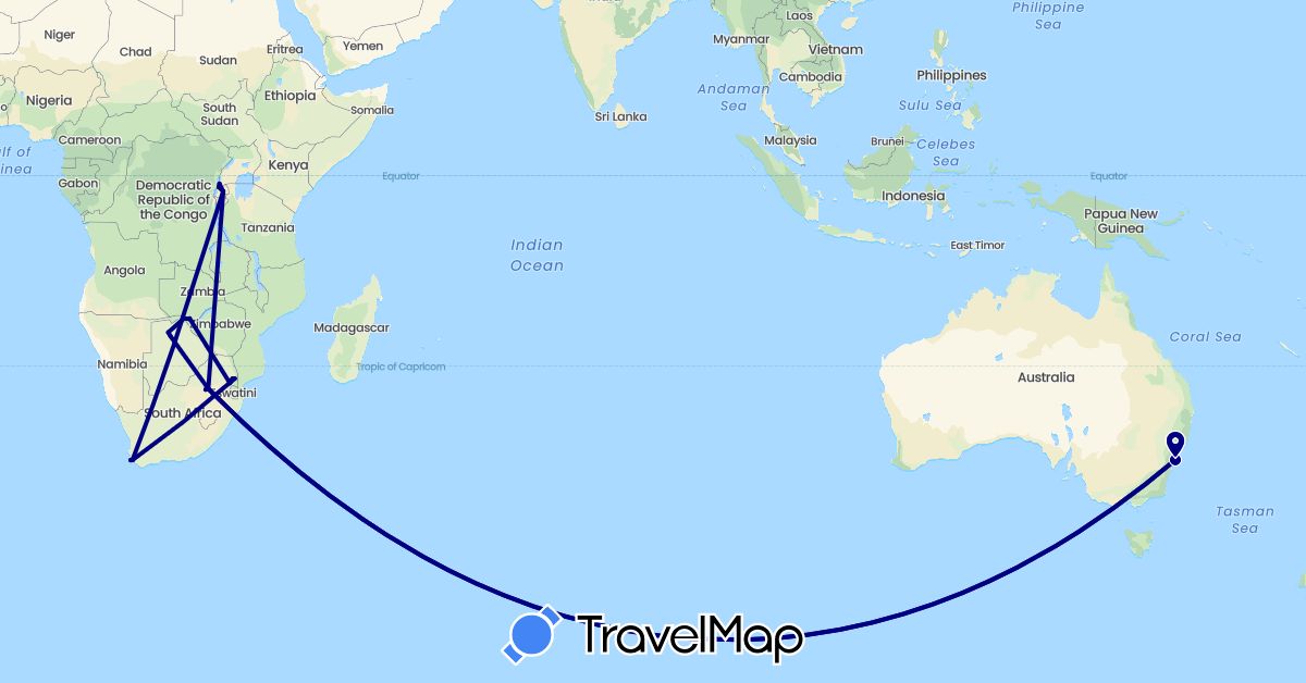 TravelMap itinerary: driving in Australia, Botswana, Rwanda, Uganda, South Africa, Zambia, Zimbabwe (Africa, Oceania)